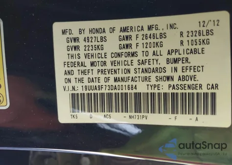 2013 Acura Tl 3.7 из США, поврежденный, VIN 19UUA9F73DA001684